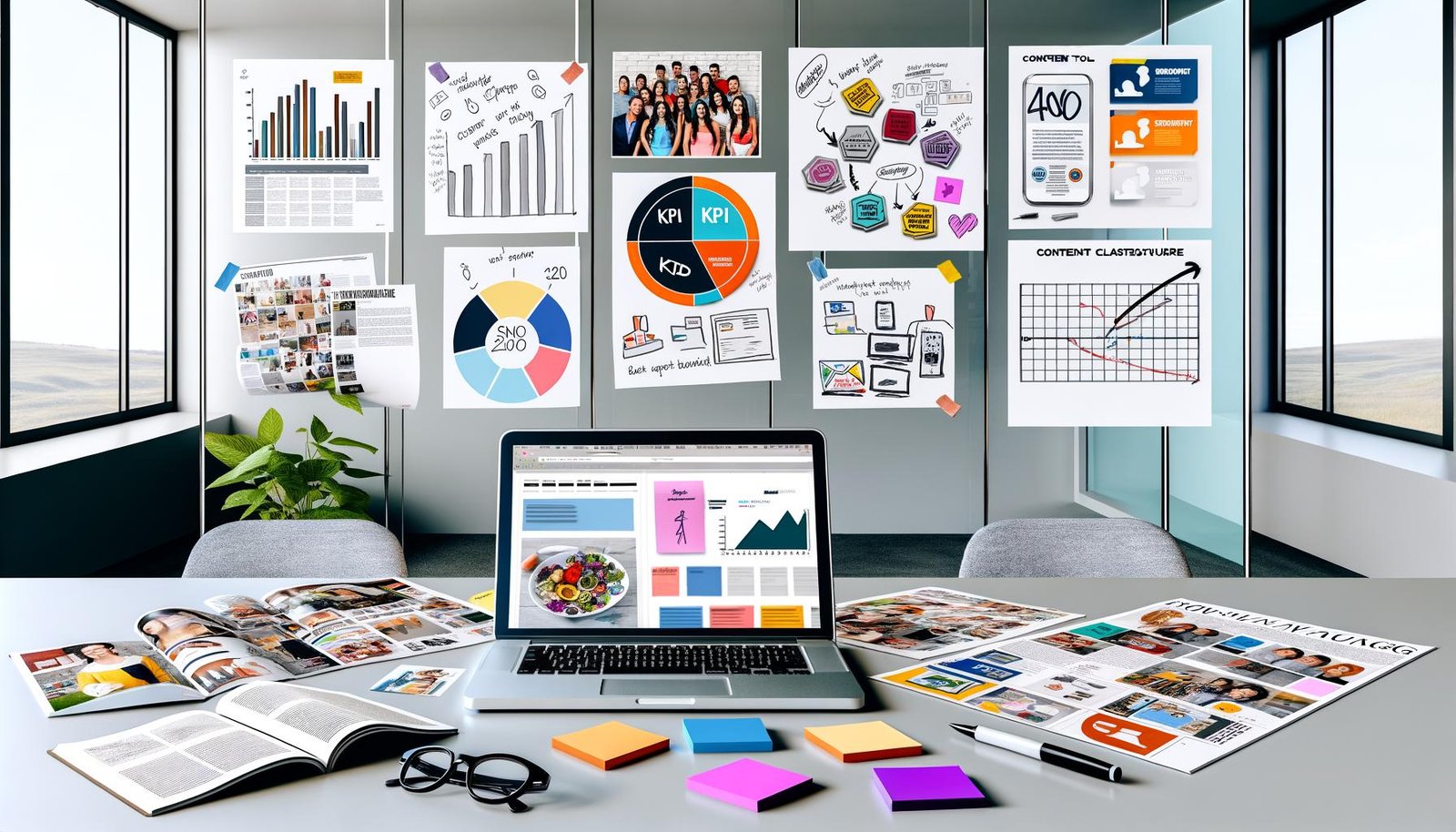 Moderner Schreibtisch mit offenem Laptop zeigt Redaktionsplan, KPI-Charts, visuelle Storyboards und Content-Cluster-Maps, umgeben von Moodboards, SEO-Tool-Screenshots, bunten Post-its und Branding-Entwürfen, im Hintergrund Glaswand mit Skizzen zur Customer Journey.