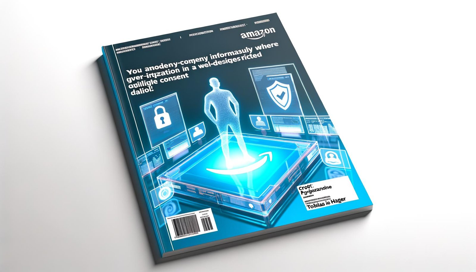 Magazin-Titelseite zeigt Nutzer vor Amazon Ad-Oberfläche, der Daten über ein Datenschutz-Consent-Dialogfeld eingibt, umgeben von Privacy- und Zielgruppenanalyse-Icons.