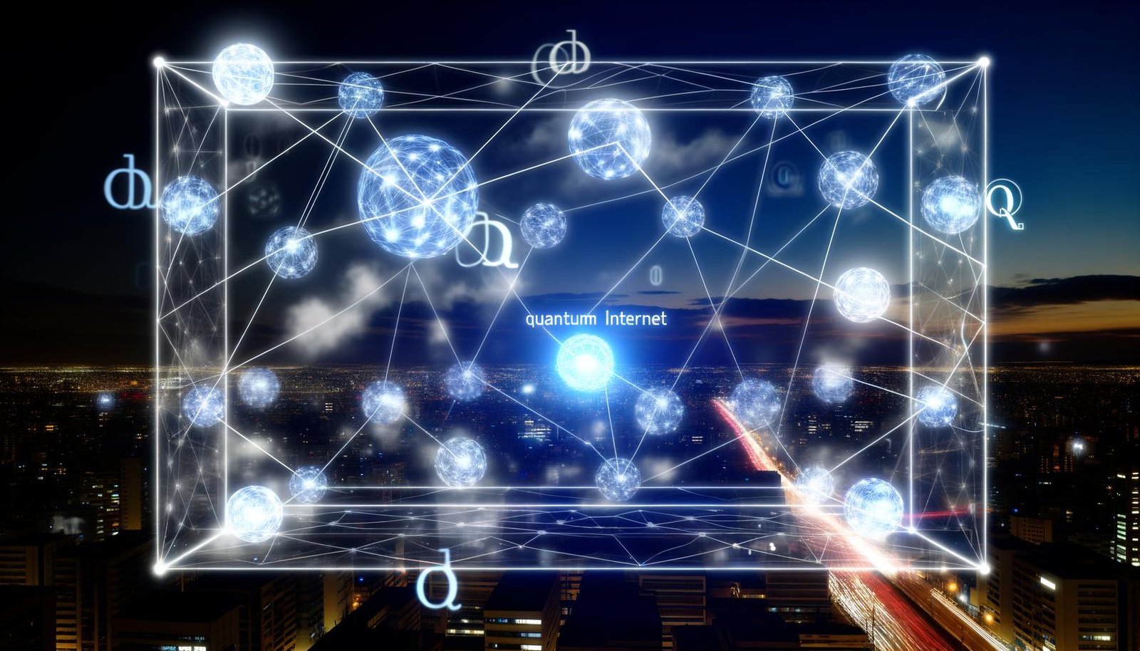 Leuchtendes futuristisches Datennetzwerk aus Qubit-Kugeln, geometrischen Linien und holografischen Kanälen in einer urbanen Skyline mit Quantum Internet-Schriftzug.