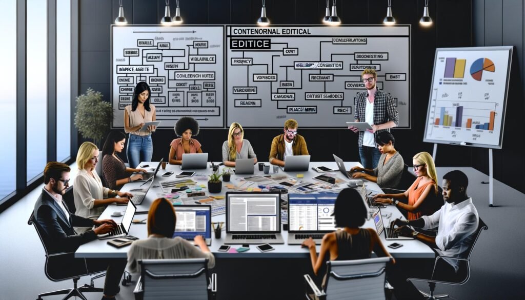 Marketing- und Content-Team arbeitet in einem modernen Redaktionsraum mit Laptops, Whiteboards, Datenvisualisierungen und Redaktionsplänen.