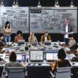 Marketing- und Content-Team arbeitet in einem modernen Redaktionsraum mit Laptops, Whiteboards, Datenvisualisierungen und Redaktionsplänen.