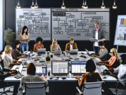 Marketing- und Content-Team arbeitet in einem modernen Redaktionsraum mit Laptops, Whiteboards, Datenvisualisierungen und Redaktionsplänen.