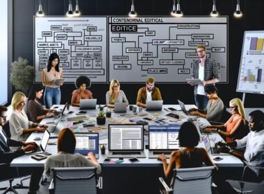 Marketing- und Content-Team arbeitet in einem modernen Redaktionsraum mit Laptops, Whiteboards, Datenvisualisierungen und Redaktionsplänen.