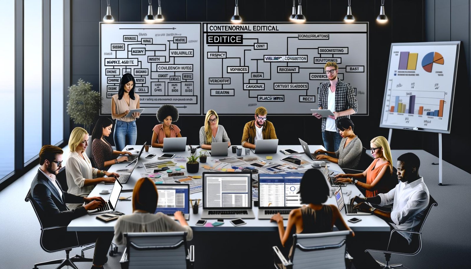 Marketing- und Content-Team arbeitet in einem modernen Redaktionsraum mit Laptops, Whiteboards, Datenvisualisierungen und Redaktionsplänen.