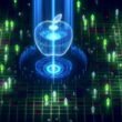 Futuristisches Datenzentrum mit KI-Kern in Apfelform, Datenströmen, und leuchtenden digitalen Abwehrmechanismen gegen Hacker und Betrugsversuche.