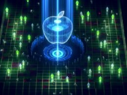 Futuristisches Datenzentrum mit KI-Kern in Apfelform, Datenströmen, und leuchtenden digitalen Abwehrmechanismen gegen Hacker und Betrugsversuche.