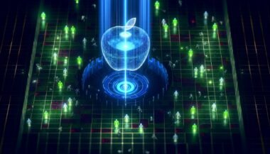 Futuristisches Datenzentrum mit KI-Kern in Apfelform, Datenströmen, und leuchtenden digitalen Abwehrmechanismen gegen Hacker und Betrugsversuche.