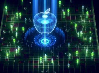 Futuristisches Datenzentrum mit KI-Kern in Apfelform, Datenströmen, und leuchtenden digitalen Abwehrmechanismen gegen Hacker und Betrugsversuche.