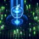 Futuristisches Datenzentrum mit KI-Kern in Apfelform, Datenströmen, und leuchtenden digitalen Abwehrmechanismen gegen Hacker und Betrugsversuche.
