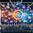 Dynamische Illustration eines Marketing-Teams in modernem Büro umgeben von bunten Daten-Visualisierungen zu Compliance, Data Ownership, Zugriffsmanagement und vernetztem Datennetzwerk mitrollenbasierten Knotenpunkten.