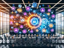 Dynamische Illustration eines Marketing-Teams in modernem Büro umgeben von bunten Daten-Visualisierungen zu Compliance, Data Ownership, Zugriffsmanagement und vernetztem Datennetzwerk mitrollenbasierten Knotenpunkten.