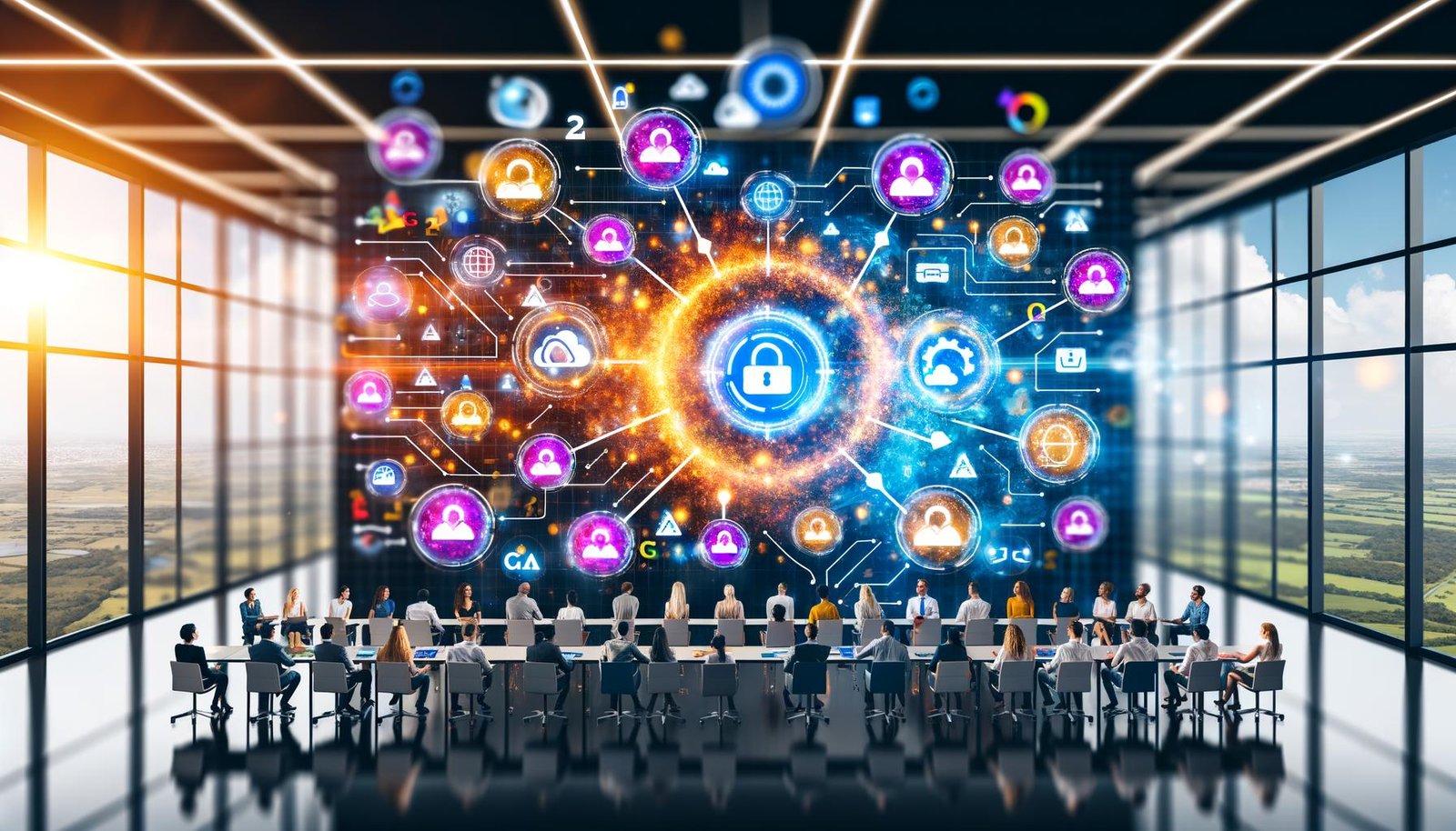 Dynamische Illustration eines Marketing-Teams in modernem Büro umgeben von bunten Daten-Visualisierungen zu Compliance, Data Ownership, Zugriffsmanagement und vernetztem Datennetzwerk mitrollenbasierten Knotenpunkten.