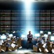 Gestresste Marketing-Person in einem Kellerraum mit veralteten Computern, endlosen Excel-Tabellen und bunten Dashboards; Lichtstrahl hebt goldenen Daten-Schlüssel hervor.