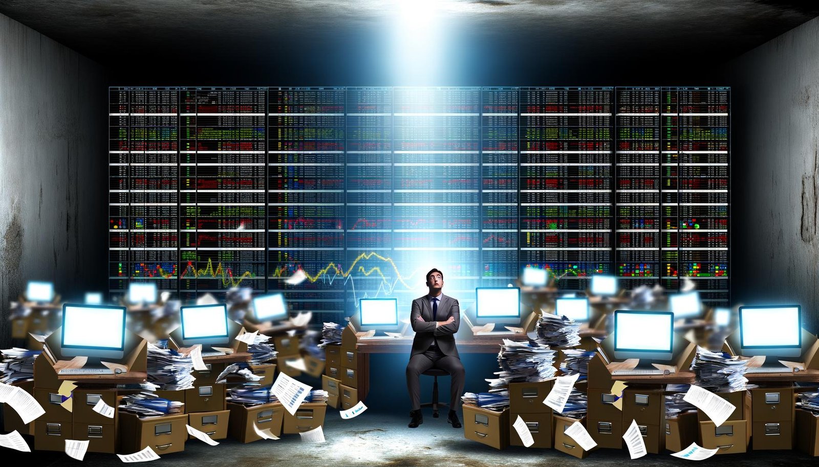 Gestresste Marketing-Person in einem Kellerraum mit veralteten Computern, endlosen Excel-Tabellen und bunten Dashboards; Lichtstrahl hebt goldenen Daten-Schlüssel hervor.