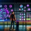 Marketing-Team steht vor mehreren Monitoren mit komplexen Datenmodellen und bunten Datenströmen in einem modernen, neonbeleuchteten Büro.