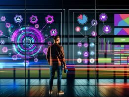 Marketing-Team steht vor mehreren Monitoren mit komplexen Datenmodellen und bunten Datenströmen in einem modernen, neonbeleuchteten Büro.