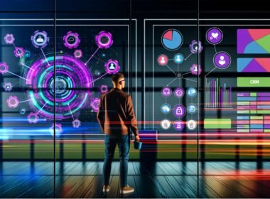 Marketing-Team steht vor mehreren Monitoren mit komplexen Datenmodellen und bunten Datenströmen in einem modernen, neonbeleuchteten Büro.