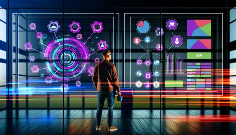 Marketing-Team steht vor mehreren Monitoren mit komplexen Datenmodellen und bunten Datenströmen in einem modernen, neonbeleuchteten Büro.