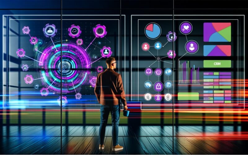 Marketing-Team steht vor mehreren Monitoren mit komplexen Datenmodellen und bunten Datenströmen in einem modernen, neonbeleuchteten Büro.