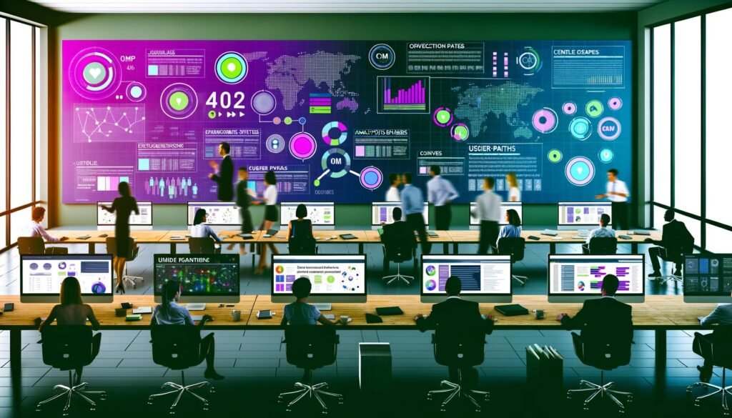 Modernes Redaktionsbüro mit großen Daten-Dashboards, Whiteboards voller Ideen und Journalisten, die Inhalte und Analysen gemeinsam besprechen.