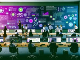 Modernes Redaktionsbüro mit großen Daten-Dashboards, Whiteboards voller Ideen und Journalisten, die Inhalte und Analysen gemeinsam besprechen.