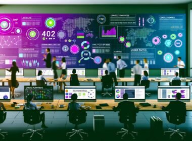Modernes Redaktionsbüro mit großen Daten-Dashboards, Whiteboards voller Ideen und Journalisten, die Inhalte und Analysen gemeinsam besprechen.
