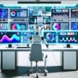 Ganzseitige Illustration eines transparenten futuristischen KI-Agenten an einem Schreibtisch mit Apple-Geräten und großen Bildschirmen voller Datenvisualisierungen, Apple News-Logos und Werbeanzeigen in einem modernen High-Tech-Office.