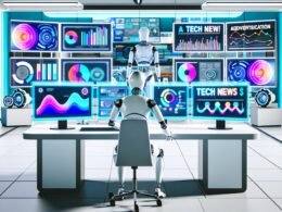 Ganzseitige Illustration eines transparenten futuristischen KI-Agenten an einem Schreibtisch mit Apple-Geräten und großen Bildschirmen voller Datenvisualisierungen, Apple News-Logos und Werbeanzeigen in einem modernen High-Tech-Office.