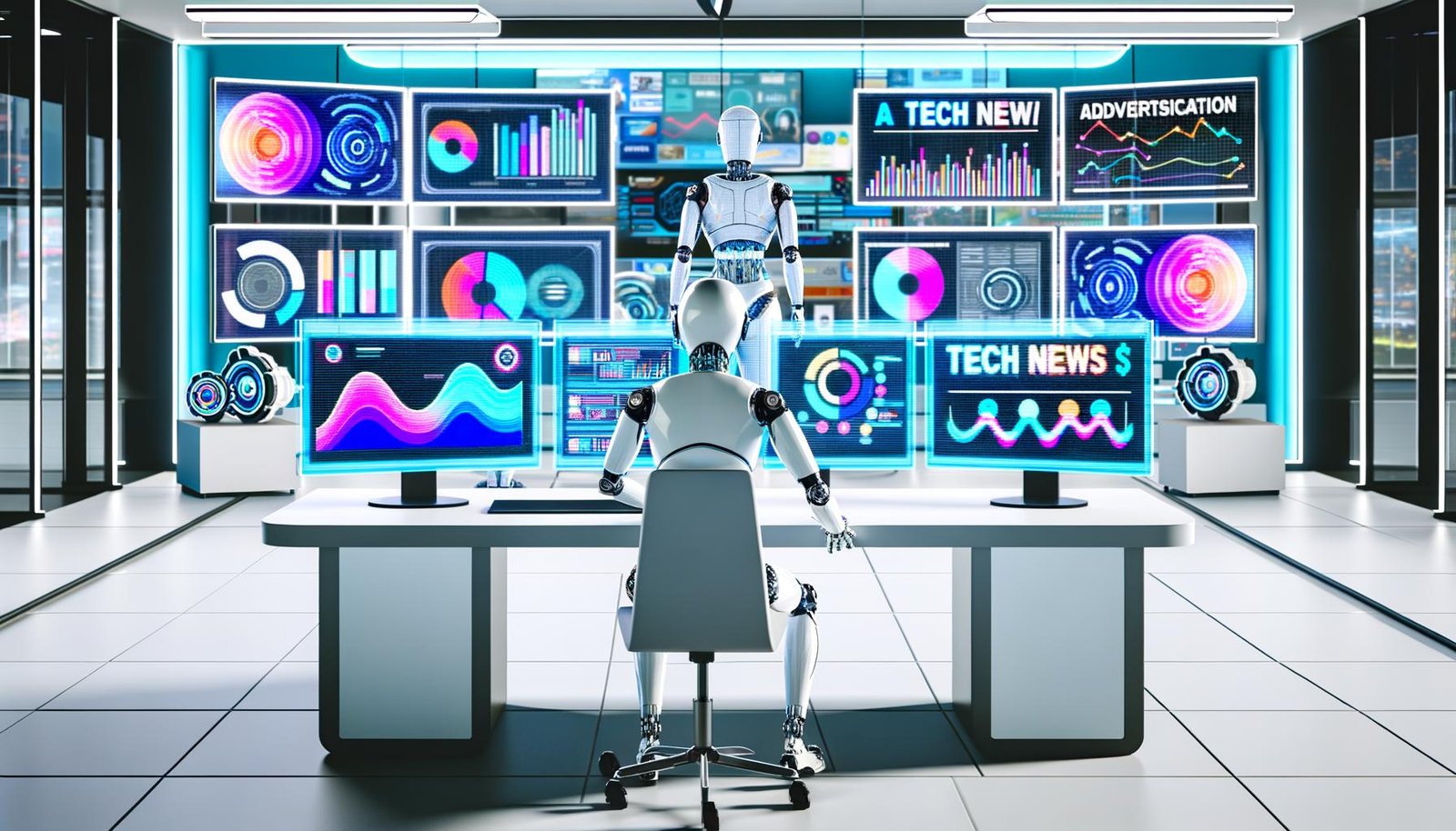 Ganzseitige Illustration eines transparenten futuristischen KI-Agenten an einem Schreibtisch mit Apple-Geräten und großen Bildschirmen voller Datenvisualisierungen, Apple News-Logos und Werbeanzeigen in einem modernen High-Tech-Office.