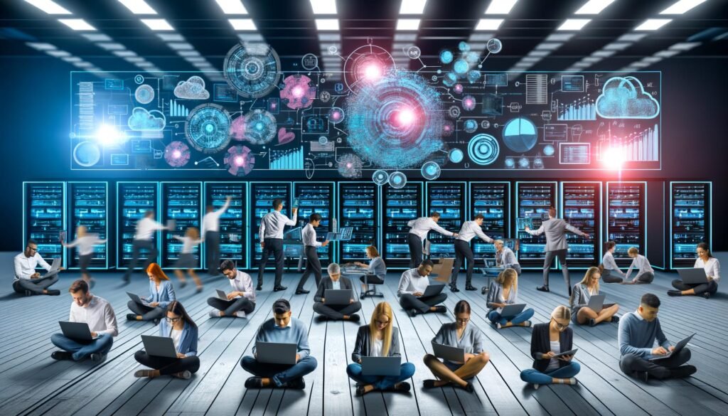 Marketing- und Data-Engineering-Team bei der datenbasierten Echtzeitanalyse an Laptops und Tablets im High-Tech-Büro mit Monitoren, Diagrammen und modernem Datenfluss.