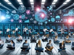 Marketing- und Data-Engineering-Team bei der datenbasierten Echtzeitanalyse an Laptops und Tablets im High-Tech-Büro mit Monitoren, Diagrammen und modernem Datenfluss.