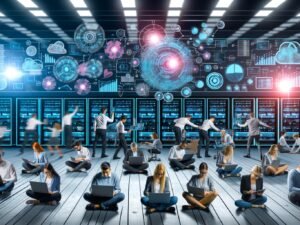 Marketing- und Data-Engineering-Team bei der datenbasierten Echtzeitanalyse an Laptops und Tablets im High-Tech-Büro mit Monitoren, Diagrammen und modernem Datenfluss.