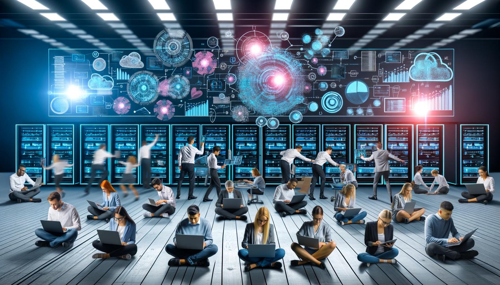 Marketing- und Data-Engineering-Team bei der datenbasierten Echtzeitanalyse an Laptops und Tablets im High-Tech-Büro mit Monitoren, Diagrammen und modernem Datenfluss.