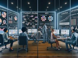 Digital-Marketing-Team arbeitet gemeinsam an großen Bildschirmen mit Content-Analysen und SEO-Grafiken in einem modernen Redaktionsbüro 2025.