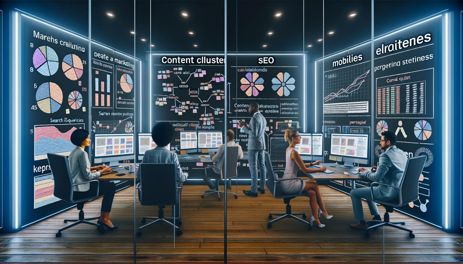 Digital-Marketing-Team arbeitet gemeinsam an großen Bildschirmen mit Content-Analysen und SEO-Grafiken in einem modernen Redaktionsbüro 2025.