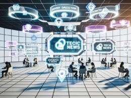 Futuristischer Newsroom mit holografischen AR-Elementen, vielfältigen Nutzern mit iPhone, iPad und Vision Pro, sowie eingebetteten Apple News Ads an lichtdurchfluteten Tischen.