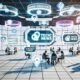 Futuristischer Newsroom mit holografischen AR-Elementen, vielfältigen Nutzern mit iPhone, iPad und Vision Pro, sowie eingebetteten Apple News Ads an lichtdurchfluteten Tischen.