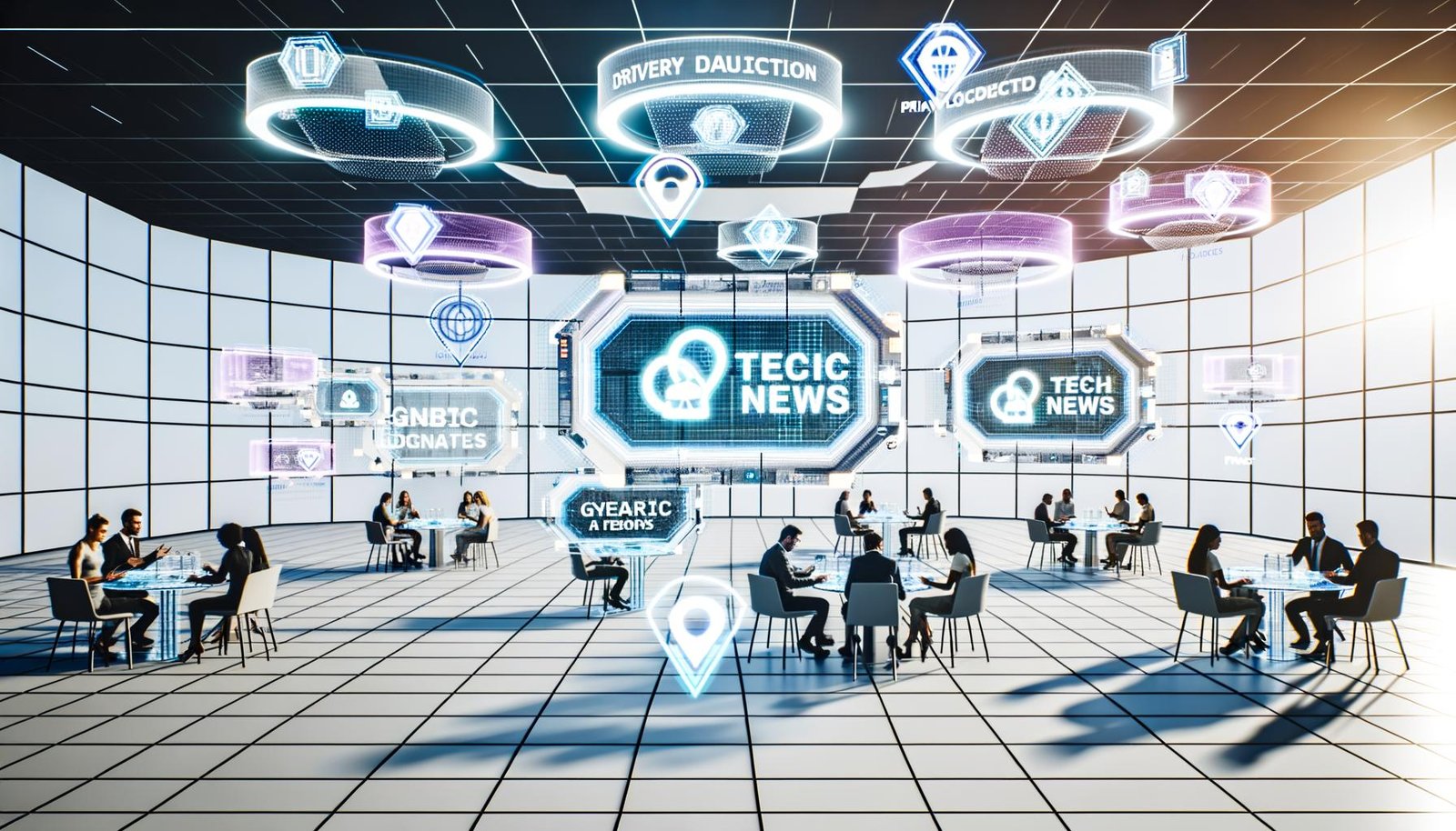 Futuristischer Newsroom mit holografischen AR-Elementen, vielfältigen Nutzern mit iPhone, iPad und Vision Pro, sowie eingebetteten Apple News Ads an lichtdurchfluteten Tischen.