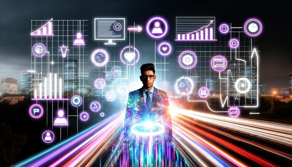 Marketer bedient in nächtlicher urbaner Skyline ein digitales Dashboard mit holografischen Diagrammen und Datenströmen im Cyberpunk-Stil.