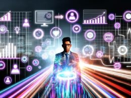 Marketer bedient in nächtlicher urbaner Skyline ein digitales Dashboard mit holografischen Diagrammen und Datenströmen im Cyberpunk-Stil.