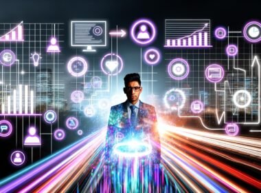 Marketer bedient in nächtlicher urbaner Skyline ein digitales Dashboard mit holografischen Diagrammen und Datenströmen im Cyberpunk-Stil.