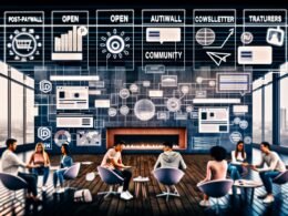 Digitale Redaktion im Loft-Stil mit großen Monitoren, Team bei der Entwicklung von Post-Paywall-Strategien, Datenvisualisierungen, Community-Features und Social-Media-Icons.