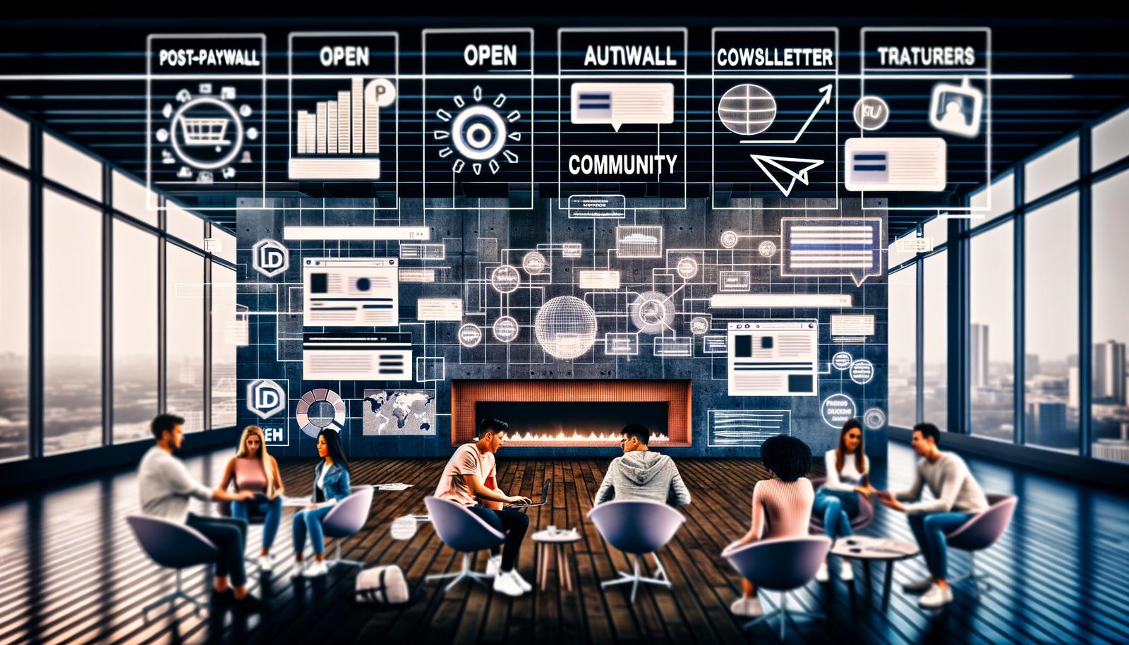Digitale Redaktion im Loft-Stil mit großen Monitoren, Team bei der Entwicklung von Post-Paywall-Strategien, Datenvisualisierungen, Community-Features und Social-Media-Icons.
