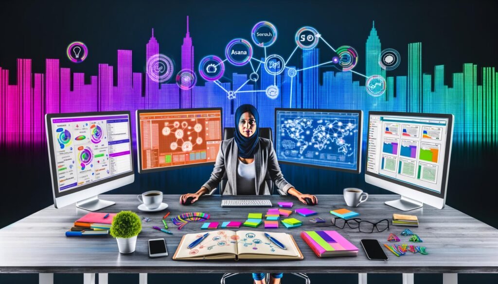 Moderner Schreibtisch mit mehreren Monitoren, digitalen Tools und einer entschlossenen Person beim Redaktionsmanagement, umgeben von Notizbüchern, Kaffee und Technik, mit digitaler Skyline im Hintergrund.