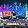 Moderner Schreibtisch mit mehreren Monitoren, digitalen Tools und einer entschlossenen Person beim Redaktionsmanagement, umgeben von Notizbüchern, Kaffee und Technik, mit digitaler Skyline im Hintergrund.
