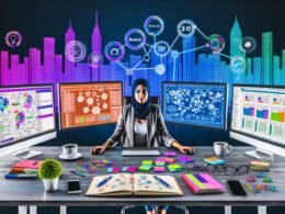Moderner Schreibtisch mit mehreren Monitoren, digitalen Tools und einer entschlossenen Person beim Redaktionsmanagement, umgeben von Notizbüchern, Kaffee und Technik, mit digitaler Skyline im Hintergrund.
