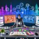 Moderner Schreibtisch mit mehreren Monitoren, digitalen Tools und einer entschlossenen Person beim Redaktionsmanagement, umgeben von Notizbüchern, Kaffee und Technik, mit digitaler Skyline im Hintergrund.