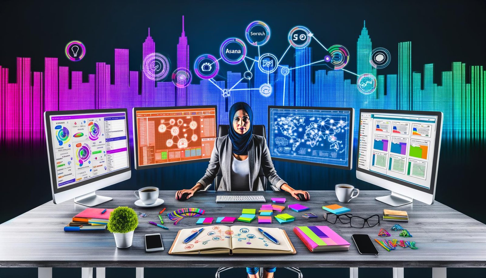 Moderner Schreibtisch mit mehreren Monitoren, digitalen Tools und einer entschlossenen Person beim Redaktionsmanagement, umgeben von Notizbüchern, Kaffee und Technik, mit digitaler Skyline im Hintergrund.
