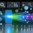 Abstrakte Infografik einer AI Content Recommendation Plattform mit Datenpunkten, Algorithmen, Publisher-Silhouetten und Analyse-Icons im modernen Apple News Design.