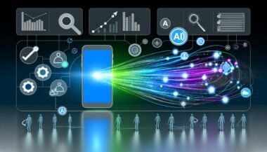 Abstrakte Infografik einer AI Content Recommendation Plattform mit Datenpunkten, Algorithmen, Publisher-Silhouetten und Analyse-Icons im modernen Apple News Design.